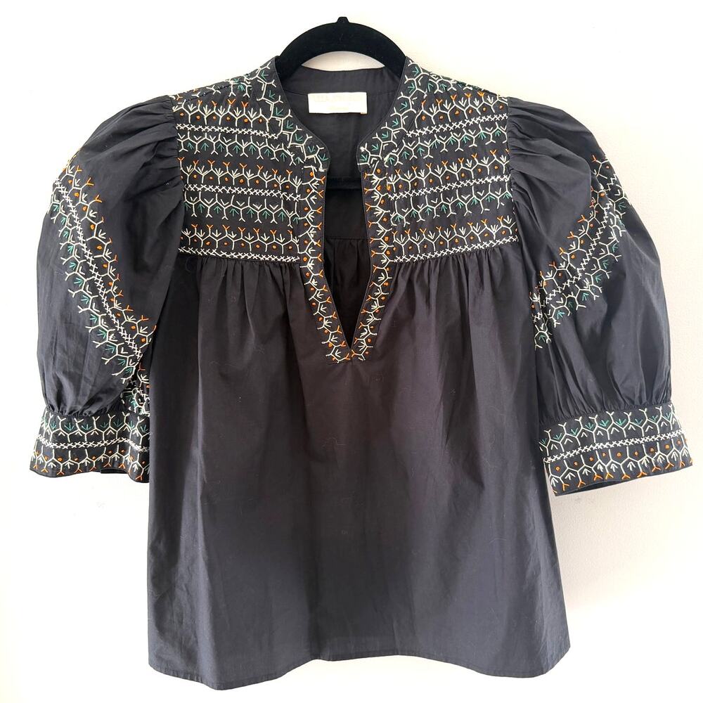 Ulla Johnson Noam Puff Sleeve Top Handmade Embroidered Cotton Poplin Navy Sz 8